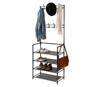 Greenfields 4-Tier Shoe Rack & Coat Stand Organiser | Space-Saving Hallway Storage with 8 Hooks & 2 Hanging Rails | Metal Shoe Shelf for Entryways, Bedrooms & Offices (Black)