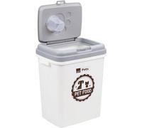 Greenfields 40L/15KG - Pet Food Storage Airtight Storage Container with Flip Top Locking System - Integrated Scoop Food Dispenser Bin, Birds, Pets, Cat, Dog, Fish, Pellet (White/Grey)
