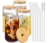 Greenfields 4pc Glass Set Drinking Glasses with Bamboo Lids - 2 Cleaning Brushes - 16oz Can Shaped Glass Mug Cups - Ideal for Iced Coffees, Teas, Cocktails, Tumbler Glass Mug