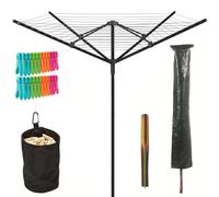 Greenfields 50M Rotary Airer Clothes Line 4 Arms For Laundry Drying Washing Outdoors Garden | Heavy Duty | Washing Line With Free Ground Spike, 24pcs Clothes Pegs, Cover & Pegs Bag, Black