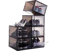 Greenfields 6 Pack Transparent Shoe Boxes - Clear or Black Durable Shoe Box Organiser - Space Saving Design with Magnetic Door - Durable and Sturdy Bins Front Stackable Drawers (Black)