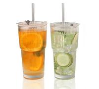 Greenfields 600ml Ribbed Glass Cups with Reusable Straws & Lids - 2 Pack Iced Coffee Tumbler Set - Refillable Smoothie Glasses for Tea, Juices, Cold Drinks, Matcha, Boba, Latte & Shakes