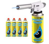 Greenfields® Blow Torch Butane Flamethrower Weed Burner BBQ Camping Cooking Welding Soldering DIY Tool (Torch + 4 Refills)