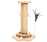 Greenfields Cat Scratch Post for Indoor Cats - 40cm Tall - Durable Pine & Sisal Cat Scratcher with Interactive Game Balls, Feather Pleaser & Platforms, Compact Scratch Pole for Kittens