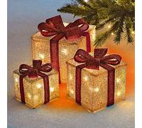 Greenfields Christmas Parcel LED Light Up Set with Bow Indoor Outdoor Decoration Xmas Lights - Set of 3 (Cream & Red)