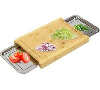 Greenfields Organic Bamboo Cutting Board | Chopping Board with 2 Sliding Stainless Steel Trays | Board with Deep Juice Grooves,Knife-Friendly,Antibacterial Wood | Perfect for Meat, Vegetables or Bread