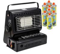 Greenfields Outdoor Gas Heater with 8 Canisters, Portable 1.3kW Camping Heater with Ceramic Burner, Compact Lightweight, Auto Ignition Safety Grill for Patio Garden Caravan, Black