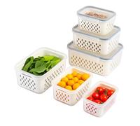 Greenfields Set of 3 Produce Storage Containers for Fridge with Drain Basket & Leakproof Lids - BPA-Free Food Bins for Fruit, Veg, Salad, Meat & Snacks - Stackable Organisers with Clear Design