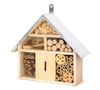 Greenfields Wooden Insect House Bug Hotel for Garden, Garden Shelter Bamboo Nesting Habitat - Hanging Bee & Butterfly Hotel with Natural Bamboo, Pine Cone and Metal Roof
