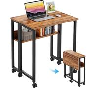 GreenForest Folding Desk 80 cm with Storage Shelf and Wheels, Brown