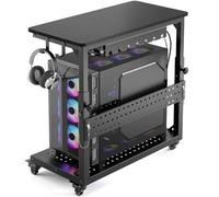 GreenForest Large Computer Tower Stand with Wheels, Heavy Duty Height Adjustable PC Stand for Full Tower E-ATX Case, 2-Tier Mobile Rolling Cart with Storage for Airflow, Gaming, Carbon Fiber Black