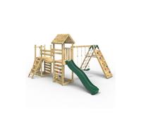 Rebo® Double Tower Climbing Frame with Flexible Bridge, Swing and Slide - Greenhorn | OutdoorToys | Kids' Outdoor Wooden Garden Play Equipment, Children's Jungle Gym