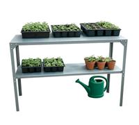 Greenhouse Staging Shelving Unit 2 Tier Free Standing Galvanised Steel 115cm Plant Pot Shelf For Greenhouses UK (1 Silver Staging Bench)