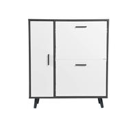 Greenhurst Grey & White Shoe Storage Cabinet - 2 Drop-Down Drawers, Side Cupboard & Wooden Legs - 86 x 75 x 29cm
