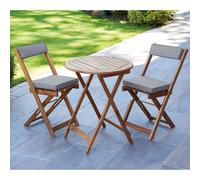 Greenhurst Raffles Folding Bistro Set, Natural Table And 2 Chairs With Grey Cushions