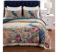 Greenland Home Fashions Eden Vintage Peacock Fringed Quilt Set with Euro Sham(s), Polyester, Ecru, Twin/Twin XL (3-Piece)