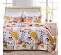 Greenland Home Watercolor Dream 100% Cotton Modern Floral Quilt Set with Euro Shams, 5-Piece King/Cal King, White