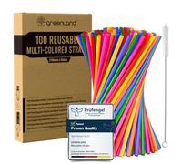 Greenland Pack of 100 Reusable Multi-Colored Straws with Brush - 21 cm Long, 6mm Wide - Perfect for Cocktails, Milk, Juice, Tea (Drinking Straws)