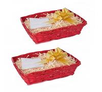 greenleaves Set of 2 Red Wicker Gift Hamper Baskets with Beige Paper Fill