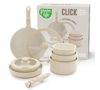 GreenLife Click 10-Piece Ceramic Nonstick Cookware Set, Detachable Handle, Stackable Space Saving Kitchen Essential, Non Toxic PFAS-Free Pots & Pans, Induction & Oven Safe, Glass Lid, Speckled Cream