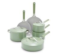 GreenLife 10-Piece Nonstick Ceramic Cookware Set, Lightweight Healthy PFAS-Free Pots & Pans with Lids, Dishwasher & Oven Safe, Durable Body, Silicone Stay-Cool Handles, Easy Release, Sage Green
