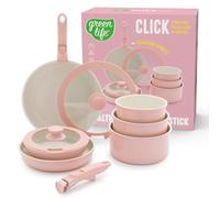 GreenLife 10 Piece Nonstick Pots & Pans Set, Detachable Handle & Stackable Cookware Set, Non Toxic PFAS-Free Skillets, Induction Kitchen Pans, Space Saving, Serving Bowls, Oven Safe, Light Pink