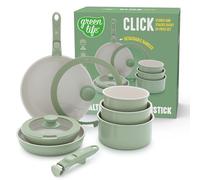 GreenLife 10 Piece Ceramic Pots and Pans Set, Nonstick Detachable & Stackable Cookware Set, Induction Kitchen Pans, Space Saving with Removable Handle, Oven Safe, Non Toxic PFAS-Free, Sage Green