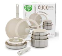 GreenLife 10 Piece Stainless Steel Pots and Pans, Detachable & Stackable Kitchen Set, Tri Ply Ceramic Nonstick PFAS Free Cookware, Space Saving with Removable Handle, Induction & Oven Safe, Glass Lid