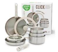 GreenLife 10 Piece Stainless Steel Pots and Pans, Detachable & Stackable Kitchen Set, Tri Ply Clad PFAS Free Cookware, Space Saving with Removable Handle, Induction & Oven Safe, RV Cookware, Glass Lid