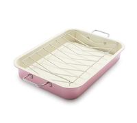 GreenLife 16.5” x 12” Healthy Ceramic Nonstick Roasting Pan with Stainless Steel Roaster Rack, PFAS-Free, PFOA-Free, Dishwasher Safe, Oven Safe, Easy Pouring Rims, Soft Pink