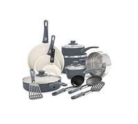 GreenLife Soft Grip 16 Piece Cookware Set, Non-Toxic PFAS-Free Ceramic Nonstick, Frying, Sauce, Saute, Utensils, Glass Lids, Stay-Cool Handles, Wobble Free, Dishwasher & Oven Safe, Quartz Grey