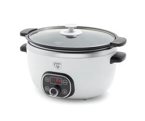 GreenLife 6 Quart Ceramic Slow Cooker, PFAS-Free, Programmable, Removable Healthy Nonstick Pot for large families, Sear on Stovetop, Keep Warm, Digital Timer, Dishwasher Safe Glass Lid & Crock, White