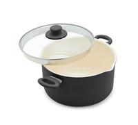 GreenLife 6QT Ceramic Nonstick Stockpot with Glass Straining Lid, PFAS & PFOA-Free, Dishwasher Safe, Stay-Cool Handles, Oven Safe to 350°F, Wobble-Free Base, Even Heating, Black