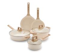 GreenLife Arte 8 Piece Healthy Ceramic Nonstick Cookware Pots and Frying Sauce Saute Pans Set, Induction Suitable, PFAS-Free, PFOA-Free, Wood Print Handles, Glass Lids, Dishwasher Safe, Cream