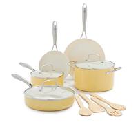 GreenLife Artisan Healthy Ceramic Nonstick, 12 Piece Cookware Pots and Pans Set, Stainless Steel Handle, PFAS-Free, Dishwasher Safe, Oven Safe, Yellow