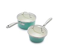 GreenLife Artisan Healthy Ceramic Nonstick, 1QT and 2QT Saucepan Pot Set with Lids, Stainless Steel Handle, PFAS-Free, Dishwasher Safe, Oven Safe, Turquoise
