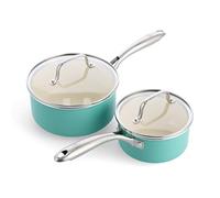 GreenLife Artizan Healthy Ceramic Non-Stick 14cm/1l and 18 cm/2l Saucepan Pot Set with Lids, Stainless Steel Handle, Induction, PFAS-Free, Oven Safe, Turquoise