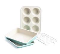 GreenLife Bakeware Healthy Ceramic Nonstick Toaster Oven Mini 4 Piece Baking Set, Includes 6-Cup Muffin Tin, Rectangular Cake Tin, Baking Tray & Cooling Rack, PFAS-Free,Oven Safe Up To 230°C,Turquoise