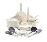 GreenLife Soft Grip 16 Piece Cookware Set, Non-Toxic PFAS-Free Ceramic Nonstick, Frying, Sauce, Saute, Utensils, Glass Lids, Stay-Cool Handles, Wobble Free, Dishwasher & Oven Safe, Cream
