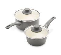 GreenLife Soft Grip 1QT and 2QT Saucepan Set, Non-Toxic PFAS-Free Ceramic Nonstick, Glass Lids, Stay Cool Handles, Wobble Free Base, Dishwasher & Oven Safe, Easy Clean, Multipurpose, Gray