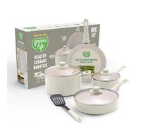 GreenLife Soft Grip 8 Piece Cookware Set, Non-Toxic PFAS-Free Ceramic Nonstick, Frying, Sauce, Sauté, Utensils, Glass Lids, Stay-Cool Handles, Wobble Free, Dishwasher & Oven Safe, Cream White