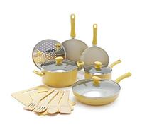 GreenLife Soft Grip Healthy Ceramic Nonstick 15 Piece Kitchen Cookware Pots and Frying Sauce Saute Pans Set, PFAS-Free with Kitchen Utensils and Lid, Dishwasher Safe, Yellow