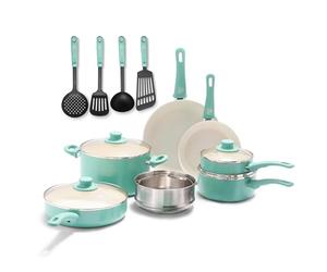 GreenLife Soft Grip Healthy Ceramic Nonstick 15 Piece Kitchen Cookware Pots and Pans Set, Includes Frying Pan Skillets Sauce and Casserole, Induction, PFAS-Free, Oven Safe, Turquoise