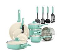 GreenLife Soft Grip Healthy Ceramic Nonstick 16 Piece Kitchen Cookware Pots and Pans Set, Includes Frying Pan Skillets Sauce and Casserole, PFAS-Free, Oven Safe, Turquoise