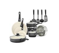GreenLife Soft Grip Healthy Ceramic Nonstick 16 Piece Kitchen Cookware Pots and Pans Set, Includes Frying Pan Skillets Sauce and Casserole, PFAS-Free, Oven Safe, Black and Cream