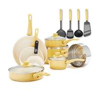 GreenLife Soft Grip Healthy Ceramic Nonstick 16 Piece Kitchen Cookware Pots and Pans Set, Includes Frying Pan Skillets Sauce and Casserole, PFAS-Free, Oven Safe, Yellow
