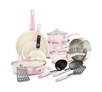GreenLife Soft Grip Healthy Ceramic Nonstick 16 Piece Kitchen Cookware Pots and Pans Set, Includes Frying Pan Skillets Sauce and Casserole, PFAS-Free, Oven Safe, Pink
