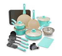 GreenLife Soft Grip Healthy Ceramic Nonstick 18 Piece Kitchen Cookware Pots and Frying Sauce Saute Pans Set, PFAS-Free with Kitchen Utensils and Lid, Dishwasher Safe, Turquoise