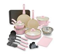 GreenLife Soft Grip Healthy Ceramic Nonstick 18 Piece Kitchen Cookware Pots and Frying Sauce Saute Pans Set, PFAS-Free with Kitchen Utensils and Lid, Dishwasher Safe, Soft Pink