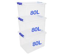 GreenLotus 3 x 80 L Clear Plastic Storage Boxes with Clip-Lock Lids | Set of 3 Large Stackable, BPA-Free, Durable Storage Containers with Lids for Home, Kitchen, Garage, Moving & Office (3 x 80L)
